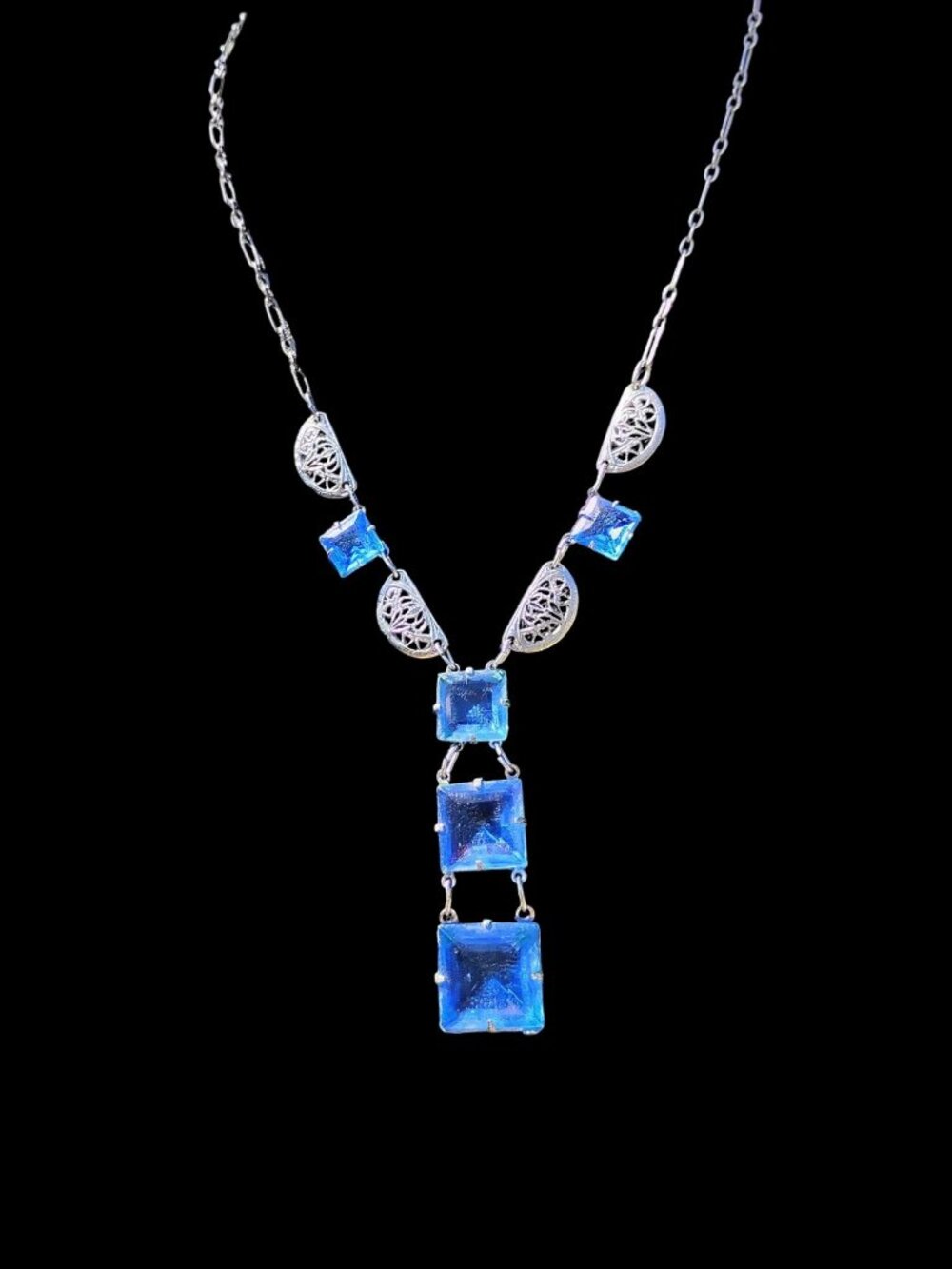 Antique Art Deco Princess Cut Sapphire Blue Glass Silver Filigree Necklace